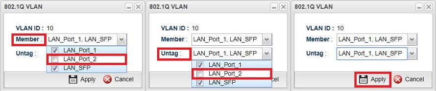 screenshots of Vigor3900 802.1Q VLAN configuration